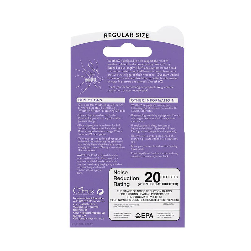 WeatherX Headache Prevention– Pressure Filtering Earplug for Shifts in Barometric Weather Pressure, Download Free Alert app (Regular 1 PK) Regular 1 PK - NewNest Australia