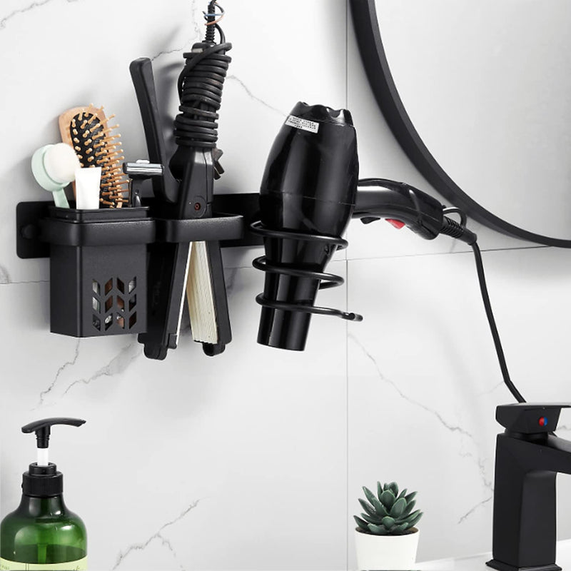 BURNTOP Hair Dryer Holder Wall Mounted, Straightener Holder, Bathroom Hair Styling Care Tool Organizer, Multi-Functional Space Saving Storage Bracket with Plug Hook & Cup-Black - NewNest Australia