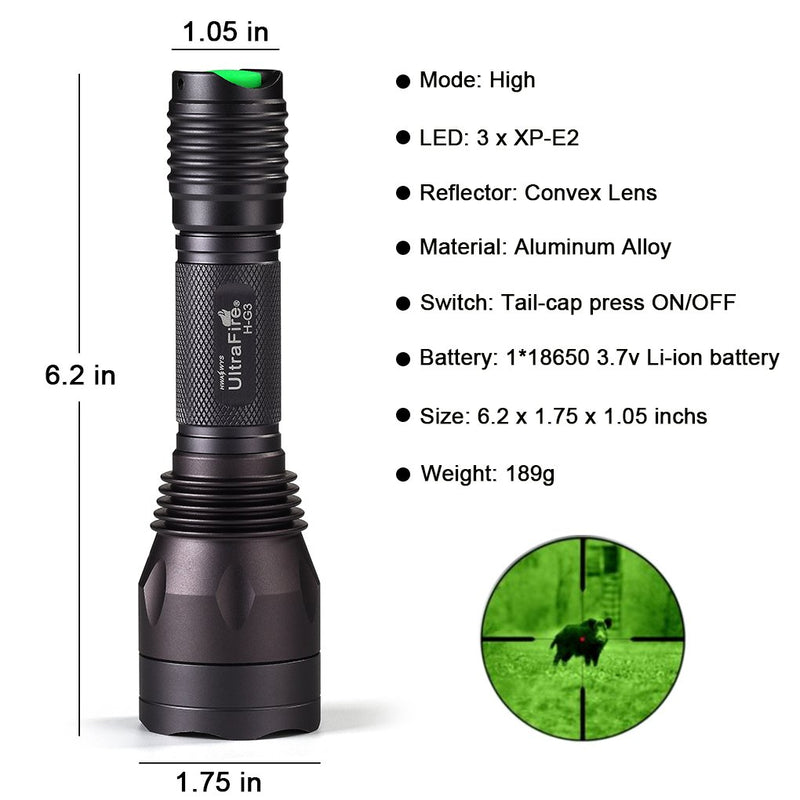 ULTRAFIRE Green Hunting Flashlight, XP-E2 LED 650 Lumens, Single Mode, 520-535 nm Wavelength 256 Yards,Tactical Night Hunting Light for Hog Pig Coyote Varmint Predator Rifle (Battery not Included) - NewNest Australia