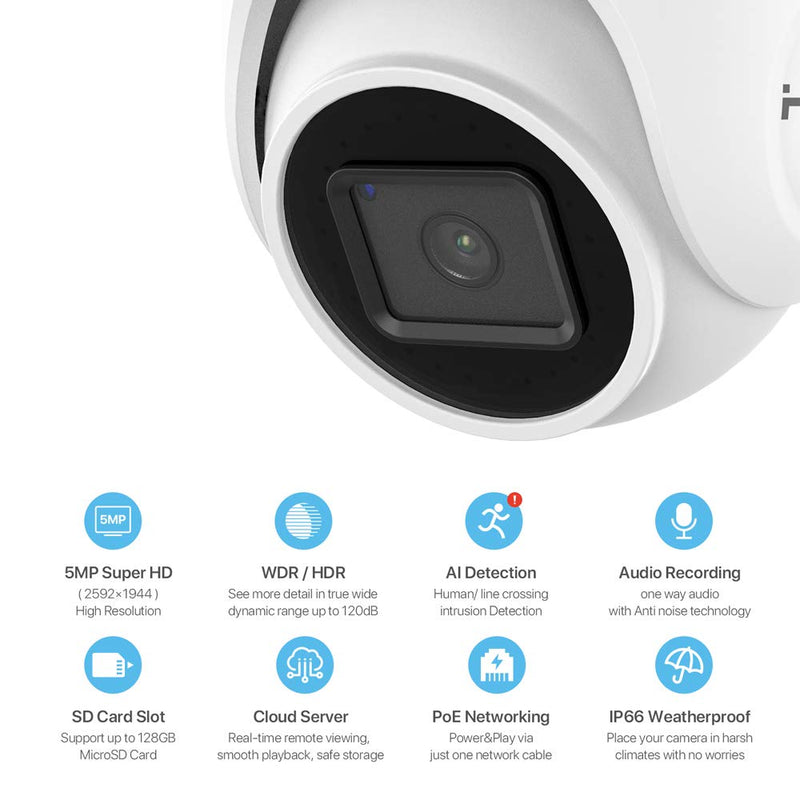 (Hikvision Compatible)H.VIEW 5MP PoE IP Dome Camera with Audio, 2.8mm Lens, Built-in SD Card Slot, Cloud Storage, Human Body Detection - NewNest Australia