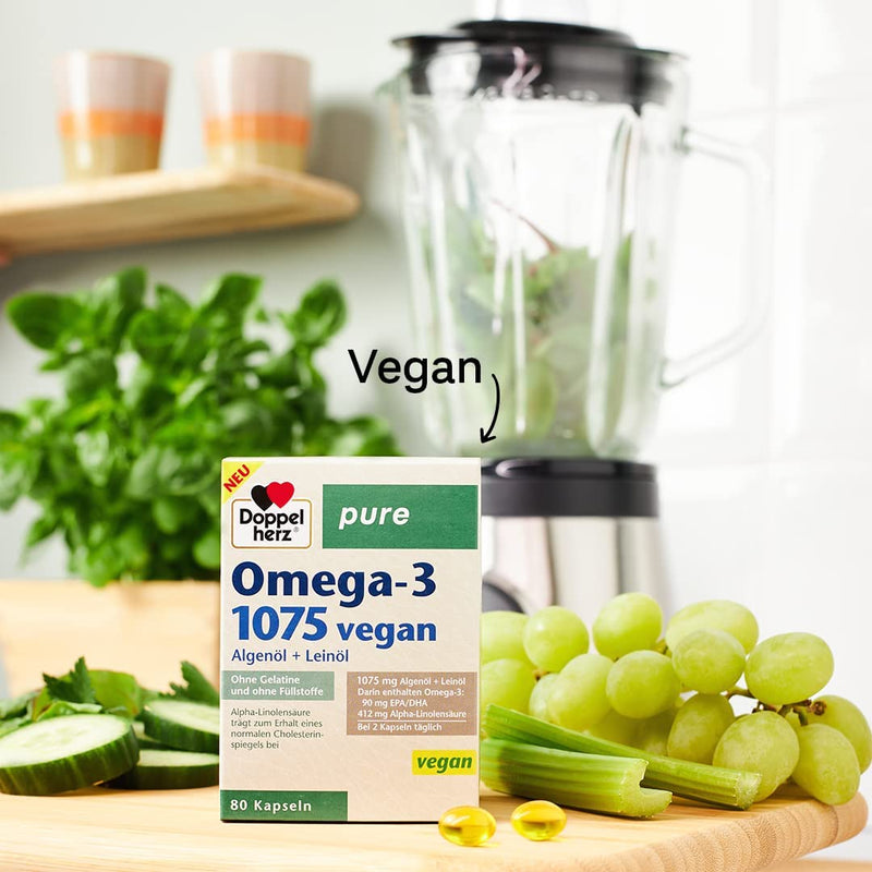 Doppelherz pure Omega-3 1075 vegan - algae oil + linseed oil - alpha-linolenic acid contributes to maintaining normal cholesterol levels - 80 capsules Single 80 pieces (pack of 1) - NewNest Australia