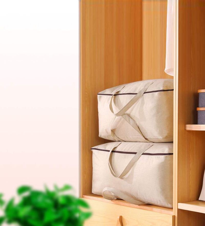 NewNest Australia - Set of 2, 100% Canvas Eco-friend Storage Bags with 3-side Zip Open & Handles, Good for Bedding set, House Move or Winter Clothes Storage in Wardrobe, Beige 23.6*17.7*8.66" 