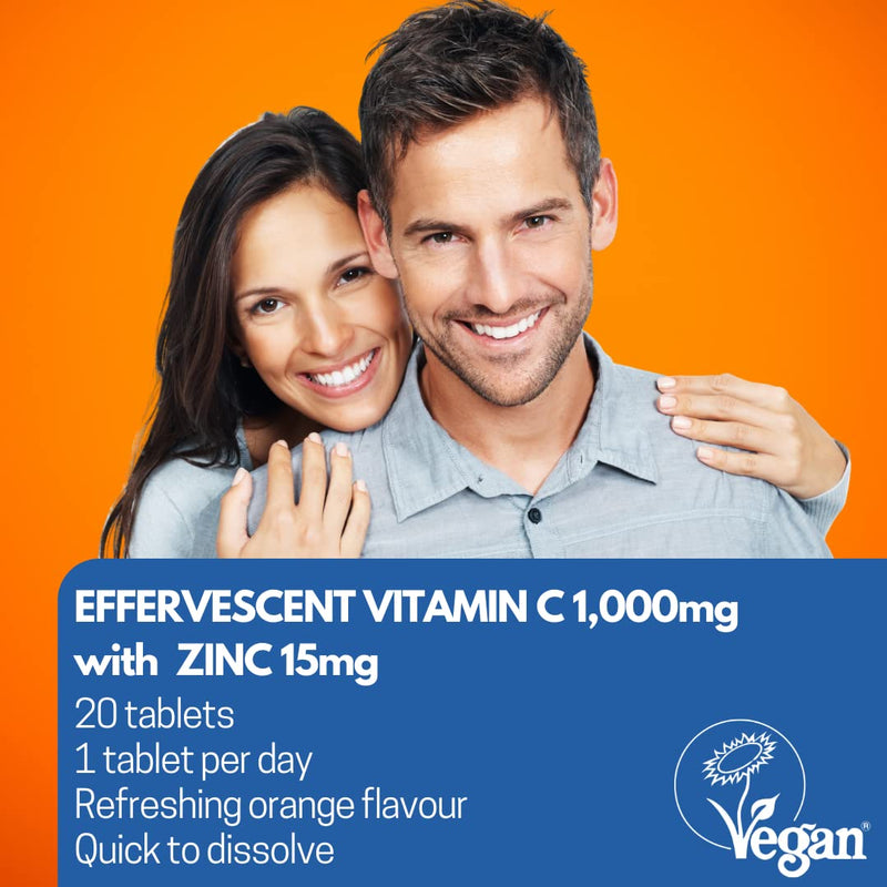 Vitamin C Effervescent Tablets 1000mg with Zinc 15mg, 20 Orange Flavour, Suitable for Vegans, High Strength, Healthy Immune System, Reduction in Tiredness, Collagen Formation, Sugar Free - NewNest Australia