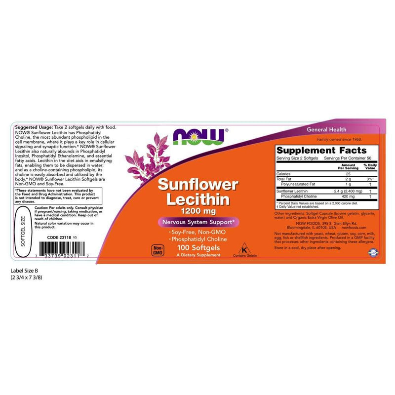 NOW Supplements, Sunflower Lecithin 1200 mg with Phosphatidyl Choline, 100 Softgels - NewNest Australia