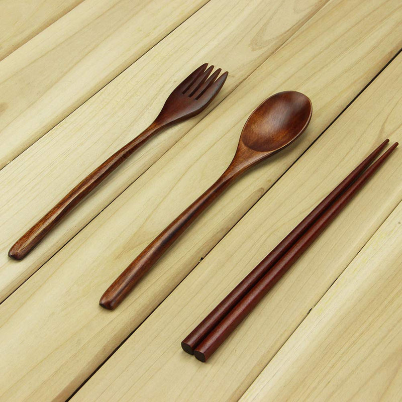 NewNest Australia - Wooden Spoon and Fork Set, Flatware Set, AOOSY Nanmu Wood Fork Spoon Chopsticks Travel Flatware Set Tableware with Bag, Brown Color 