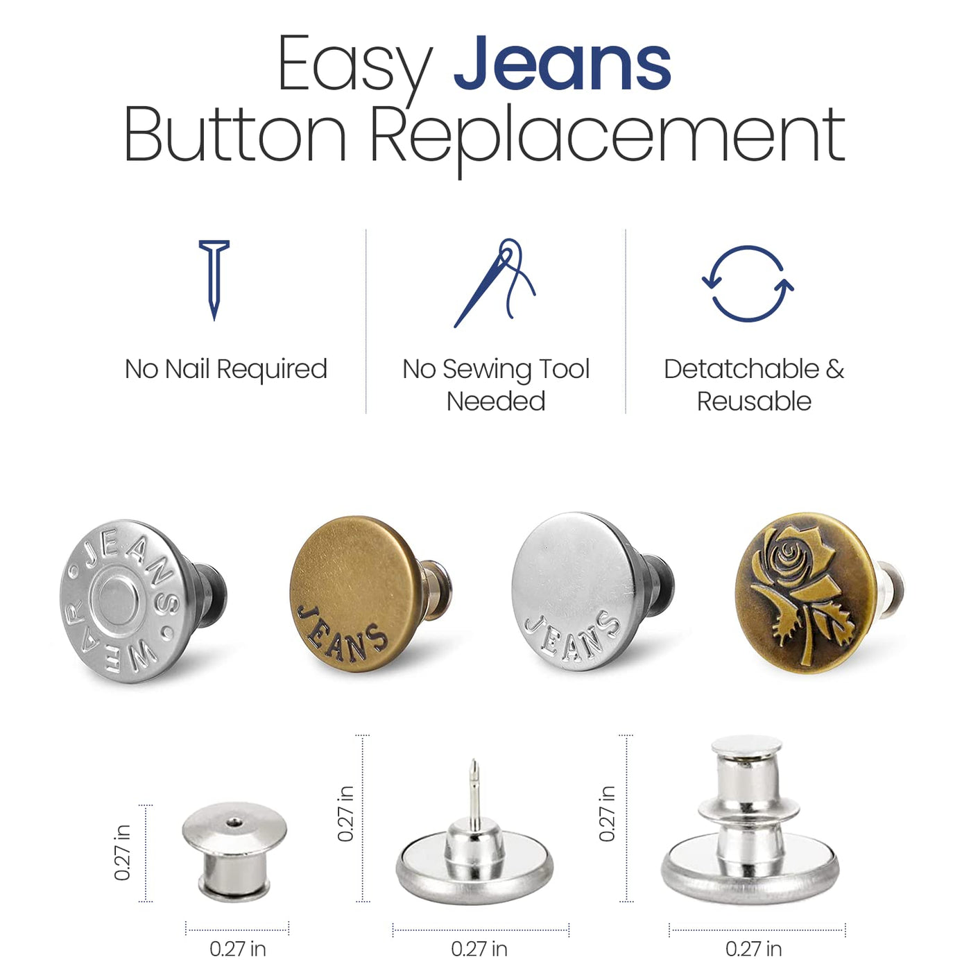 Feedee 8 Sets Button Pins for Jeans - 4 Style Jean Buttons Pins