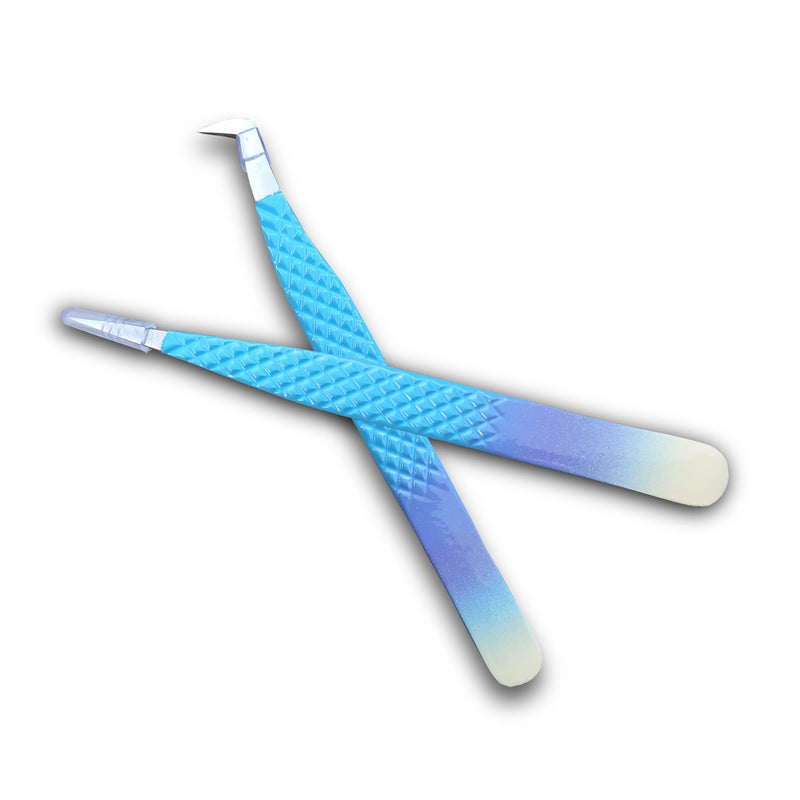 Eyelash Tweezers-2 Pieces Diamond Grip Eyelash Extensions Tweezers With Silver Tip-COSSMOO Straight And Angled Curved L-Shape Volume Tweezers For Lashes Extension, Lash Tweezers For False Lash, Blue - NewNest Australia