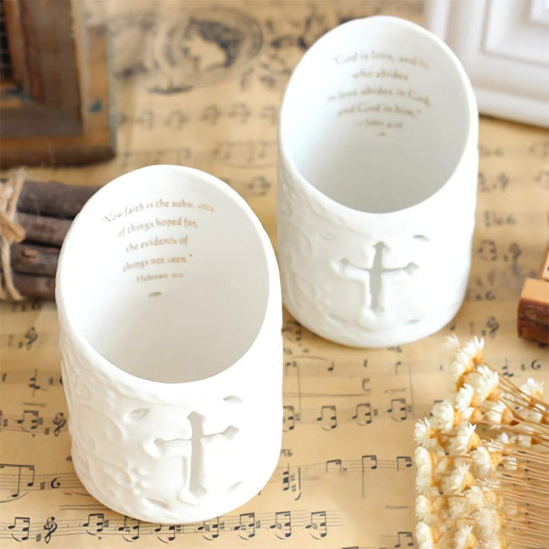 NewNest Australia - DreamsEden Set of 2 Ceramic Christian Cross Tealight Candle Holder with Bible Verses Include Flickering LED Flameless Tea Light Candles for Wedding and Home Decor Led Tealight, White 