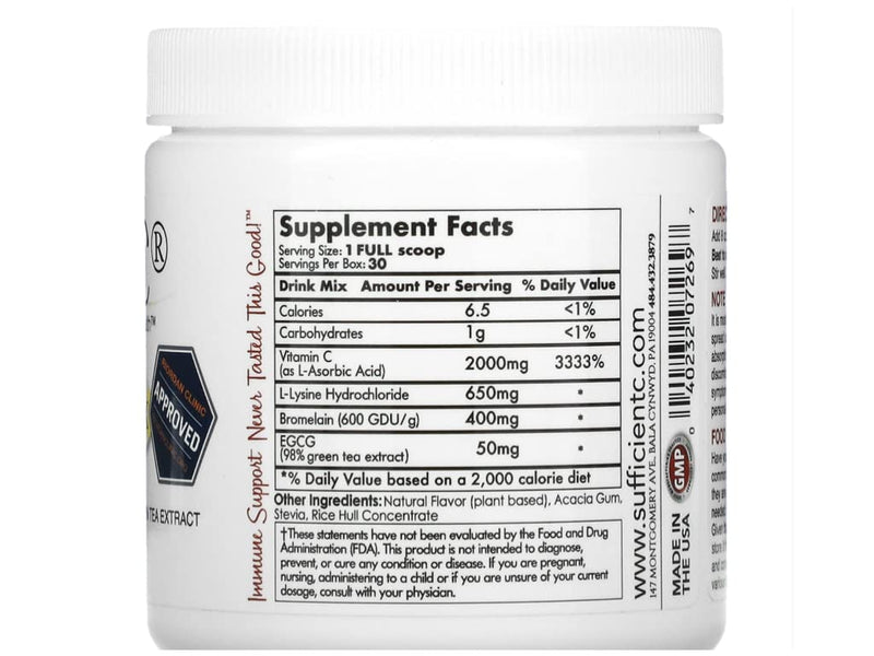 Sufficient-C High Dose Non-GMO Vitamin C Lemon Peach Immune-Ade Drink Mix, Convenient 125 Grams - with L-lysine, Bromelain and a Premium 96% Pure Green Tea Extract - immune, thyroid and adrenal and collagen support for healthy skin - UTI, acne, cold an... - NewNest Australia