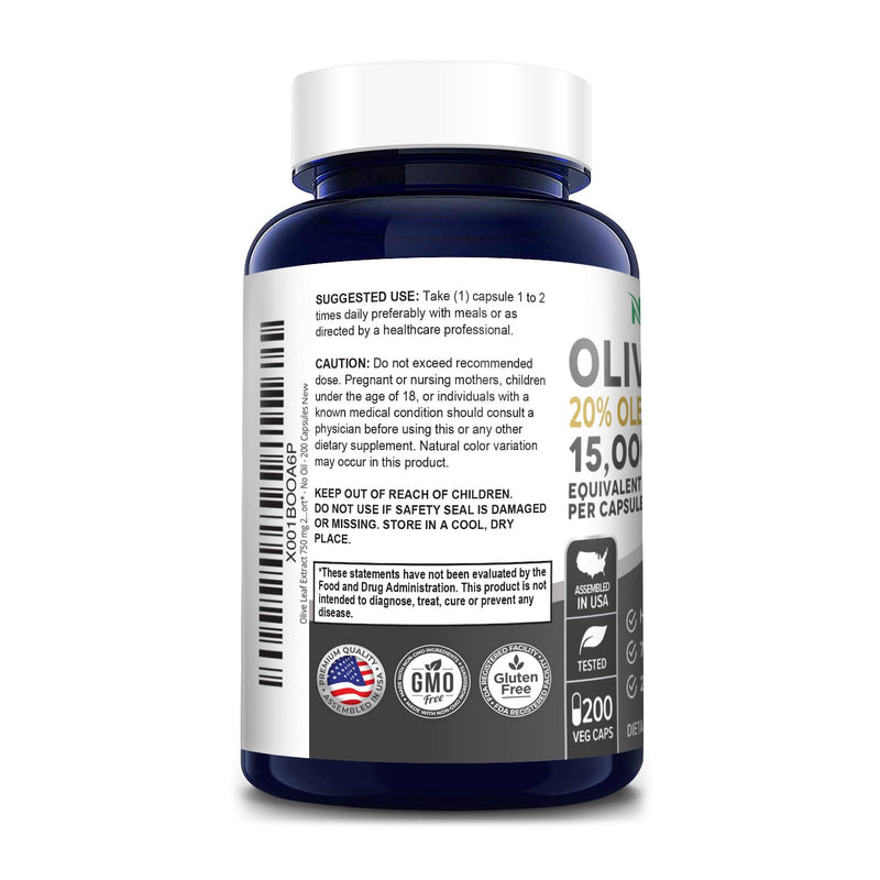 Olive Leaf 15,000 mg 200 Capsules 20% Oleuropein (Extract Ratio 20:1 750mg, Vegan, Non-GMO & Gluten-Free) Super Strength - No Oil - NewNest Australia