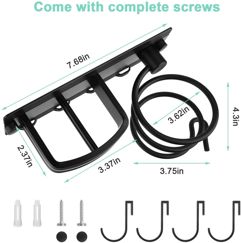 YUET Hair Dryer Holder Hairdryer Station Wall Mounted Spiral Shelf Rack Stand Hanger Straightener Organizer Storage Blow Bathroom with Three Hooks Professional Aluminum Silver (Black) Black - NewNest Australia