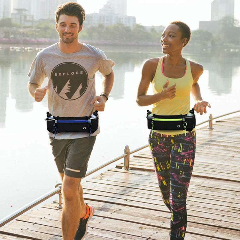 Peicees Running Belt with 2 Water Bottles, Multifunctional Zipper Pocket Adjustable Strap Water Resistant Waist Bag Fanny Pack Waist Pack Phone Holder Pouch for Running Hiking Cycling Climbing Runners Green with 2 water bottles - NewNest Australia