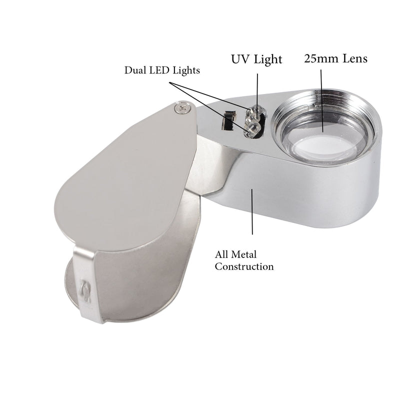 40X Full Metal Illuminated Jewelry Loop Magnifier, XYK Pocket Folding Magnifying Glass Jewelers Eye Loupe with LED(LED Currency Detecting/Jewelry Identifying) 40x metal - NewNest Australia