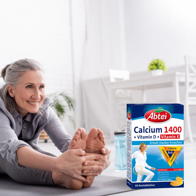 Abtei Calcium 1400 + D + K - High Dose - With Vitamin D And Vitamin K - For Maintaining Healthy Bones And Muscle Function - Orange Flavor, 30 Chewable Tablets - NewNest Australia