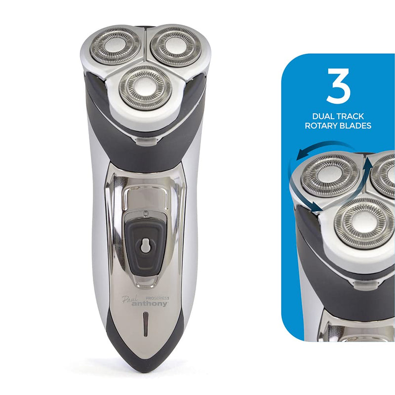 Paul Anthony Pro Series 3 Titanium Mens Cordless Rotary Shaver / 3 Titanium Steel Flexible Heads / 40 Minute Usage / Washable Head / Comfortable Rubberised Grip - Silver / Black - H5010BK Rotary Shaver Pro - NewNest Australia
