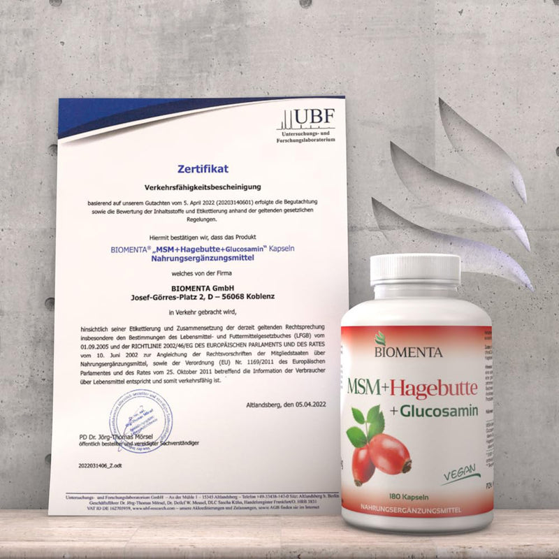 BIOMENTA MSM + Rosehip + Glucosamine - 180 allergen-free MSM capsules high dosage with 1,200mg sulfur powder + 750mg glucosamine HCl + 300mg rosehip extract/day - vegan - premium quality - NewNest Australia