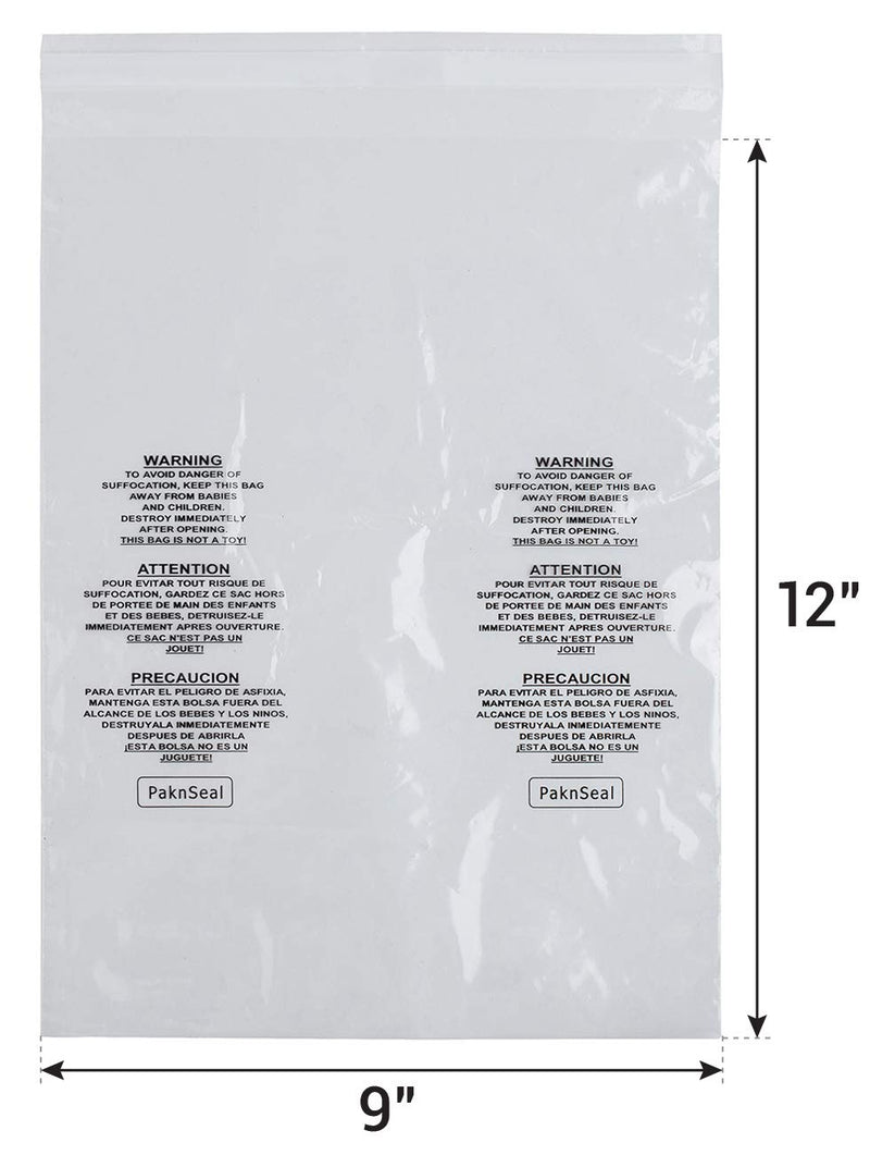 PaknSeal Clear 9x12 Self Seal Poly Bags, Suffocation Warning (100 Count) 9"x12" - NewNest Australia