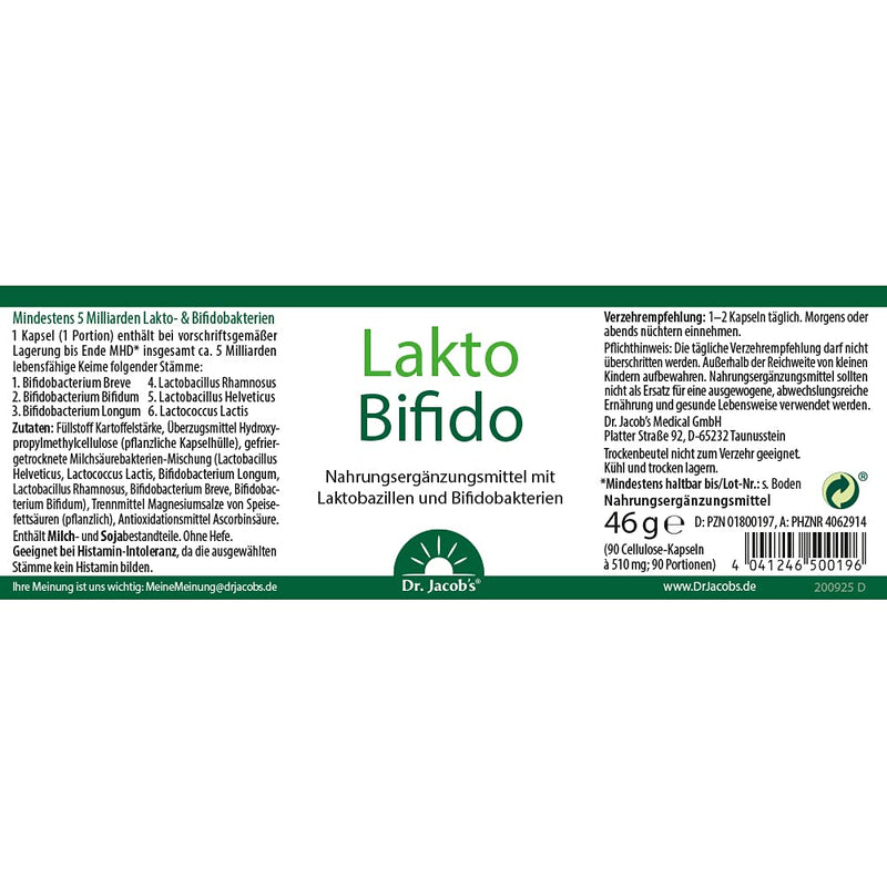 Dr. Jacob's LaktoBifido 90 capsules I guarantees 5 billion lactobacilli and bifidobacteria per capsule I suitable for histamine intolerance (HIT) I without yeast and gluten I 90 portions - NewNest Australia