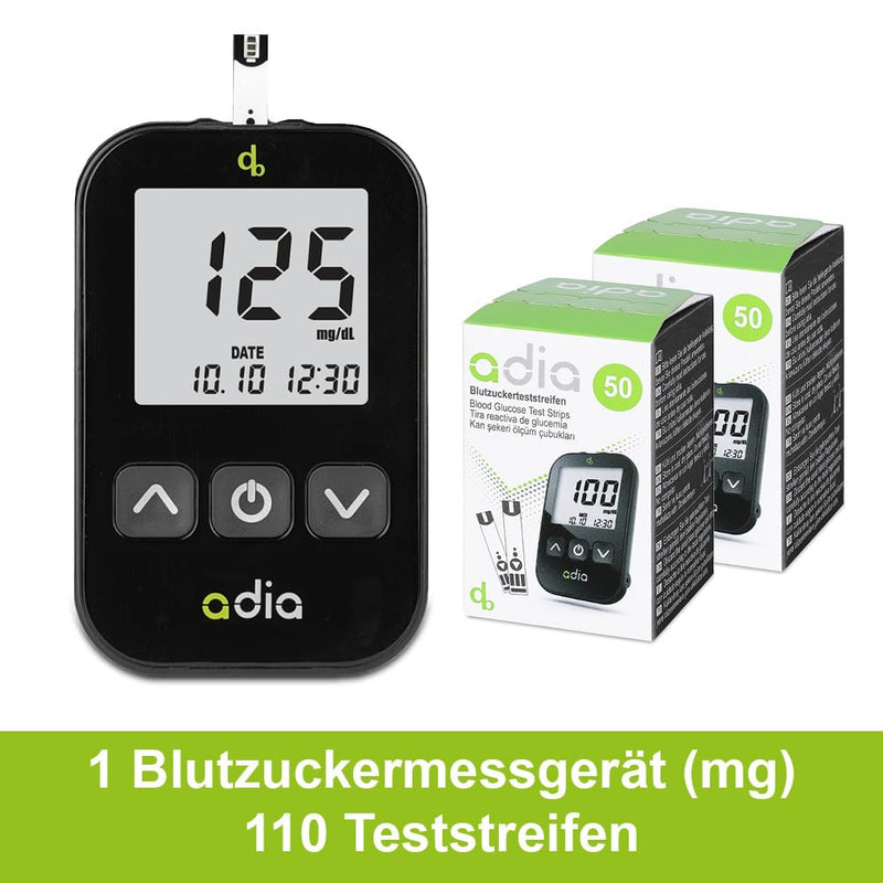 Adia Diabetes Starter Kit Includes Blood Glucose Monitor (Mg/Dl) With 110 Blood Glucose Test Strips, Lancing Aid And Lancets - Easy Self Control For Diabetes - NewNest Australia