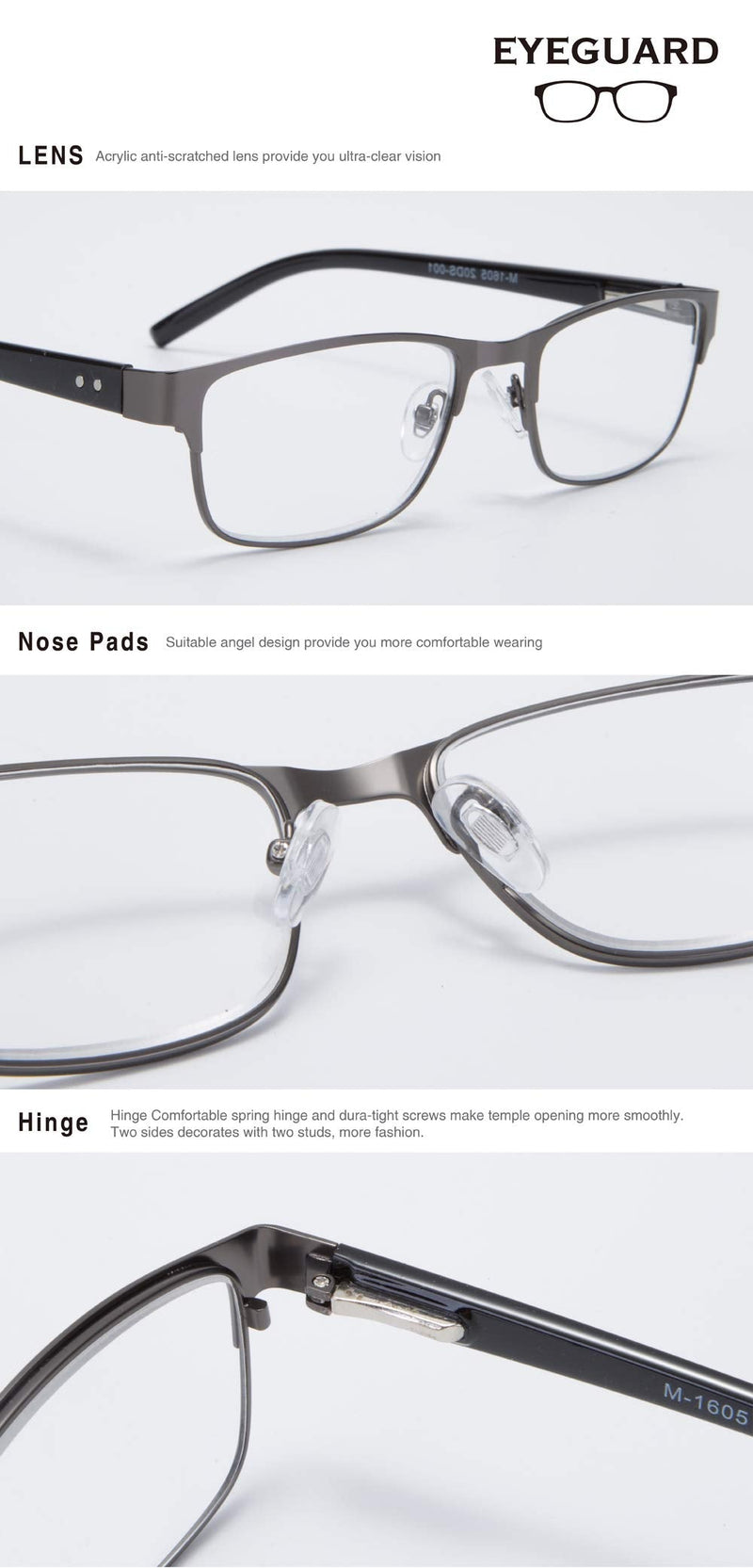 EYEGUARD Men's Rectangular Lightweight Metal Reading Glasses (Grey, 2.00) Gray 2.0 x - NewNest Australia