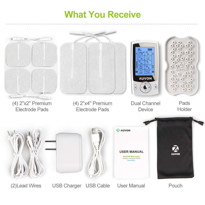 AUVON Dual Channel TENS Unit Muscle Stimulator Machine with 20 Modes, 2" and 2"x4" TENS Unit Electrode Pads - NewNest Australia