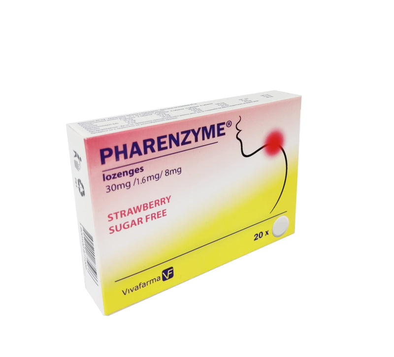 PHARENZYME, Strawberry Sugar Free - 20 lozenges - Sore Throat Relief - Enzyme-Active Tablets - Relieves Sore Throat - Clears runny Nose - Anti-inflammatory and Pain-Relieving Effect - NewNest Australia