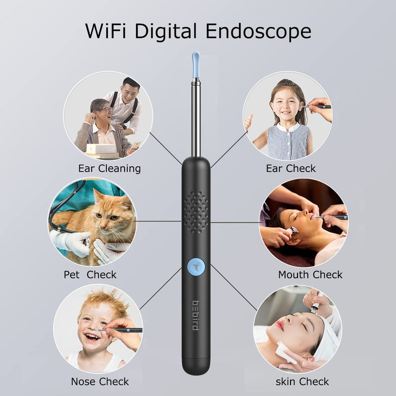 BEBIRD® R1 Ear Wax Removal Cleaner with 3.5mm Ear Camera 6 LED Lights, 1080P FHD Video Otoscope Compatible with iPhone & Android and Kids, Adults(New Spiral Structure) Black - NewNest Australia