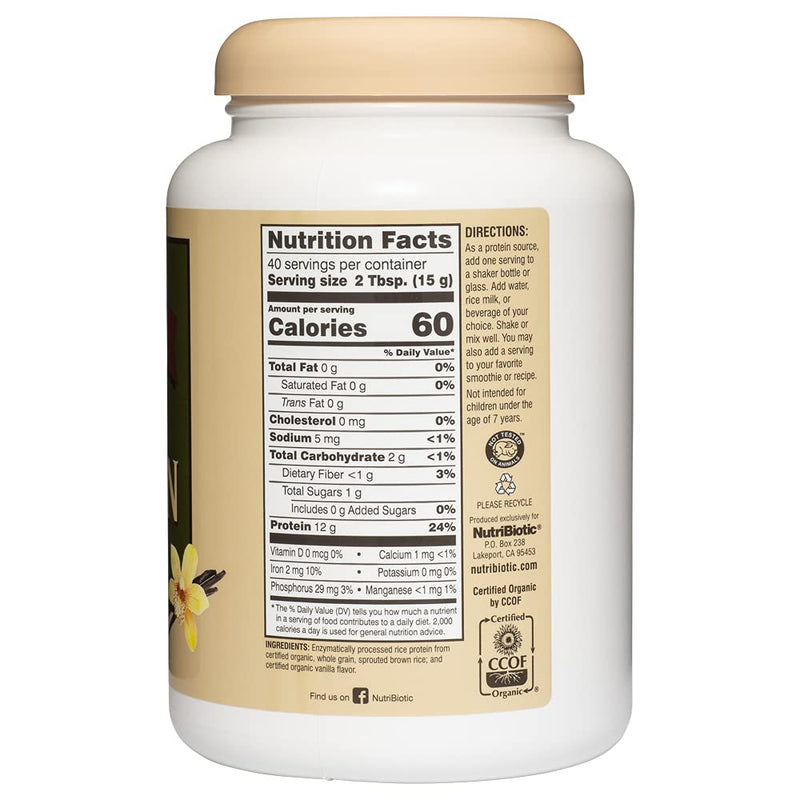 NutriBiotic Certified Organic Rice Protein Vanilla, 1 Lb. 5 Oz | Low Carbohydrate Vegan Protein Powder | Raw, Certified Kosher & Keto Friendly | Made without Chemicals, GMOs & Gluten | Easy to Digest - NewNest Australia