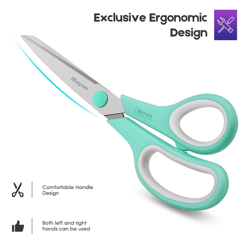 Scissors, iBayam 8" Multipurpose Scissors Bulk Ultra Sharp Shears, Comfort-Grip Sturdy Scissors for Office Home School Sewing Fabric Craft Supplies, Right/Left Handed, 3-Pack, Mint, Grey, Purple - NewNest Australia