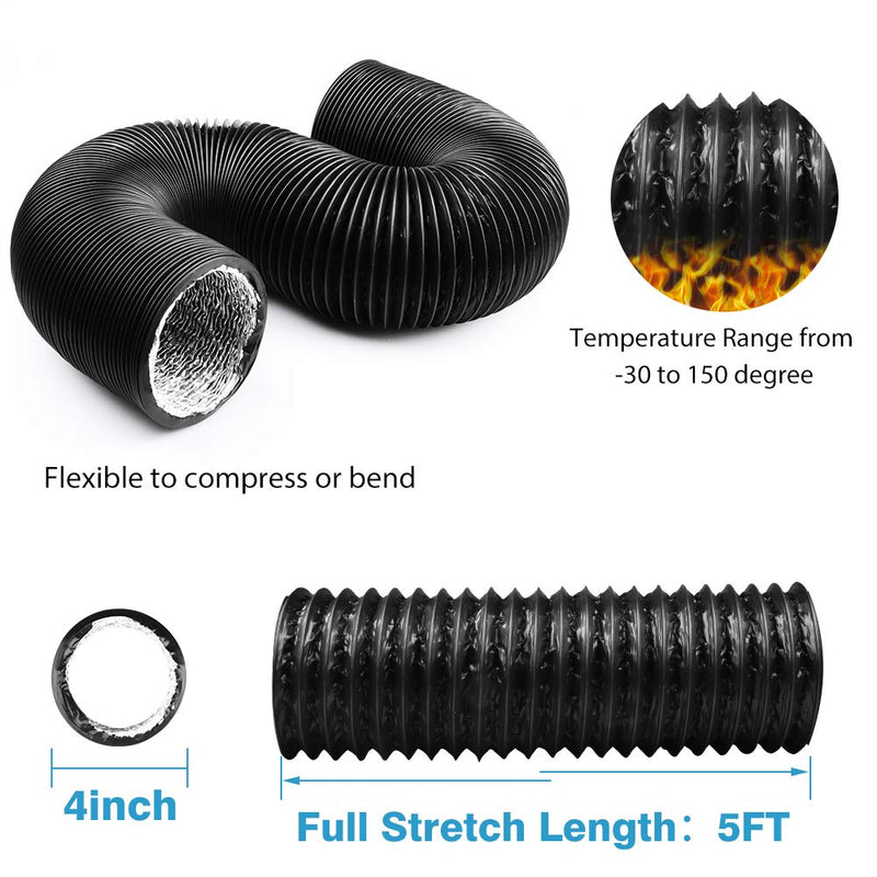 YIJUHOU 4 Inch 5 Feet Air Ducting, Flexible Aluminum Dryer Vent Hose for HVAC Ventilation, Fan Filter and Grow Tent, 2 Clamps Include 4IN*5FT Black - NewNest Australia
