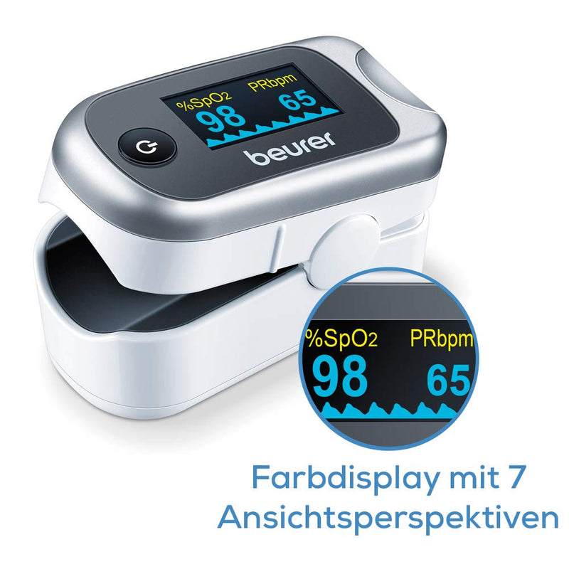 Beurer PO 40 pulse oximeter, measurement of oxygen saturation (SpO₂), heart rate (pulse) and perfusion index (PI), painless use, color display, gray single - NewNest Australia