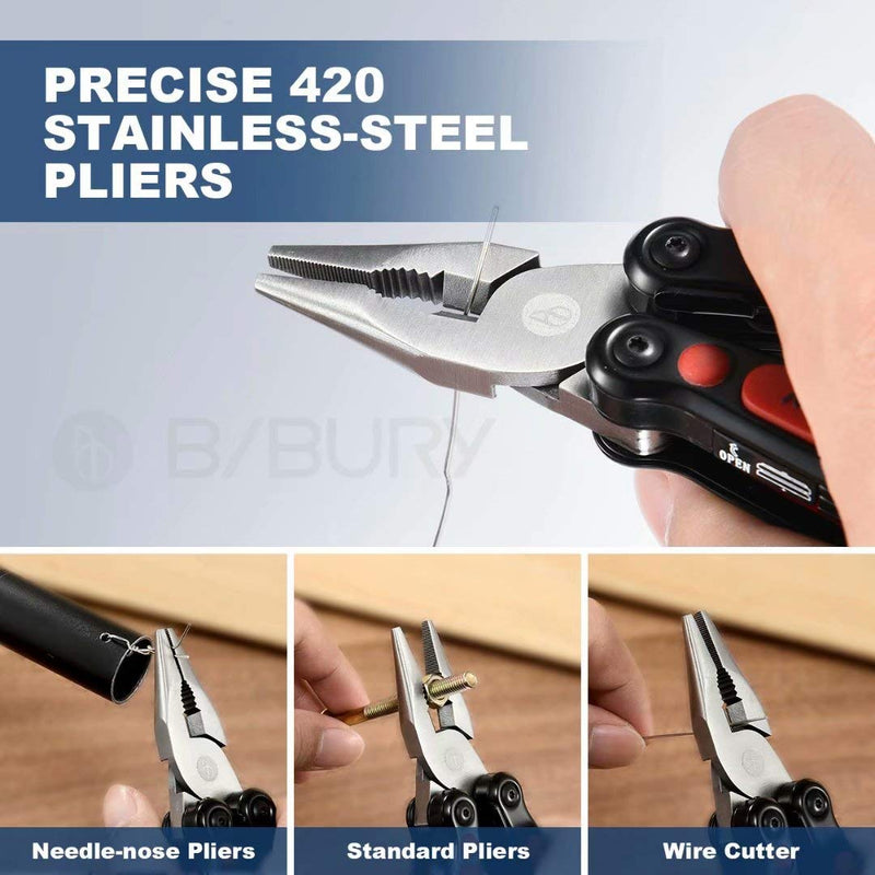 Multitool Pliers, BIBURY 14 in 1 Multi-Tool with Flashlight, Scissors and Knife, 420 Stainless Steel Pocket Multitfunctional Tool for Camping, Survival and Outdoor Activities, Gifts for Men Dad Red - NewNest Australia