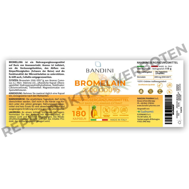 Bandini® Bromelain 1000mg (2500 FIP) | 180 enteric-coated capsules | Natural pineapple extract | Immune system, microcirculation, digestive function | Laboratory tested, high dosage, vegan - NewNest Australia