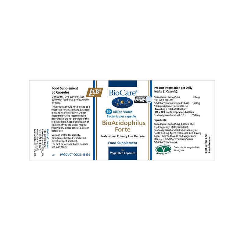 BioCare BioAcidophilus Forte | Vegetable Capsules | 30 Billion LAB4 Live Bacteria | Suitable for Vegetarians and Vegans | Food Supplement | 30 Capsules 30 Count (Pack of 1) - NewNest Australia