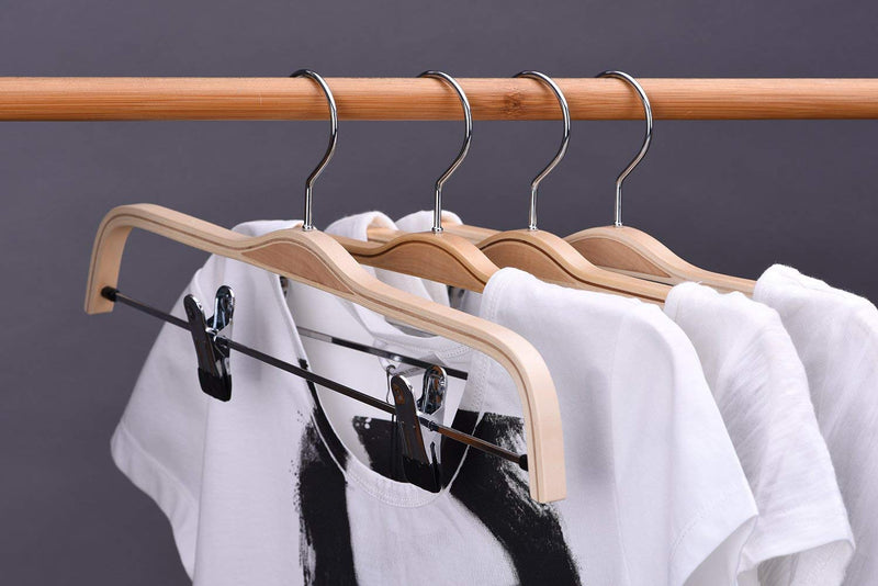 NewNest Australia - JS HANGER Wooden Pant Hangers, 5-Pack Light Weight Wood Skirt Hangers with Anti-Rust Hook and 2-Adjustable Clips Natural Finish 