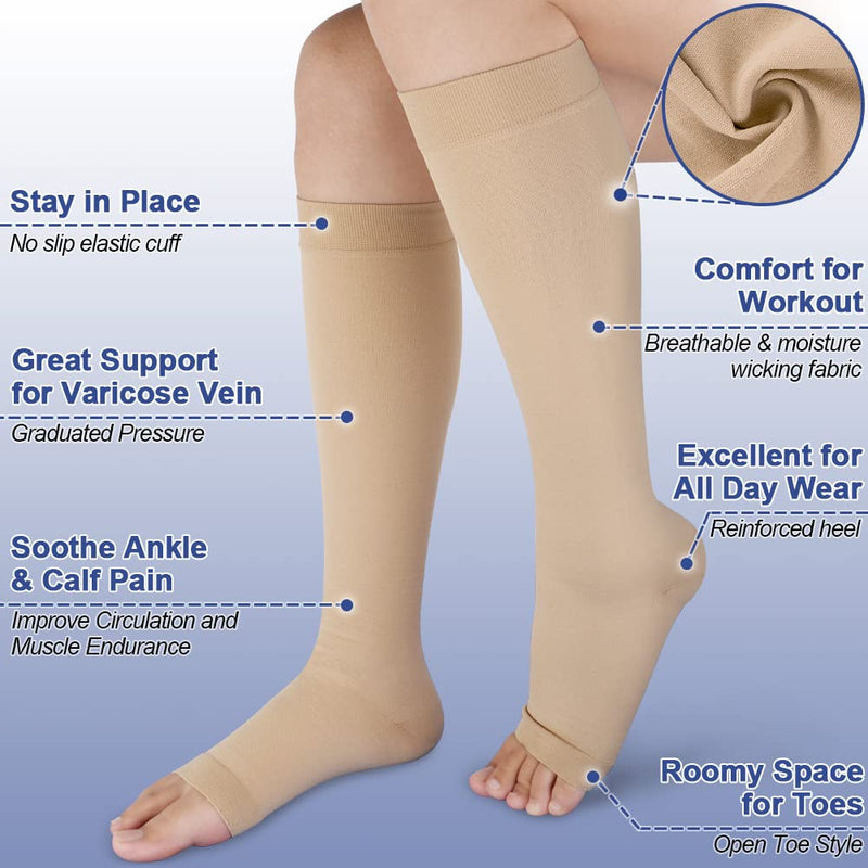 Beister Medical Open Toe Knee High Calf Compression Socks for Women & Men, Firm 20-30 mmHg Graduated Support Hosiery for Varicose Veins, Edema, Flight, Pregnancy （A Pair） Beige XL - NewNest Australia