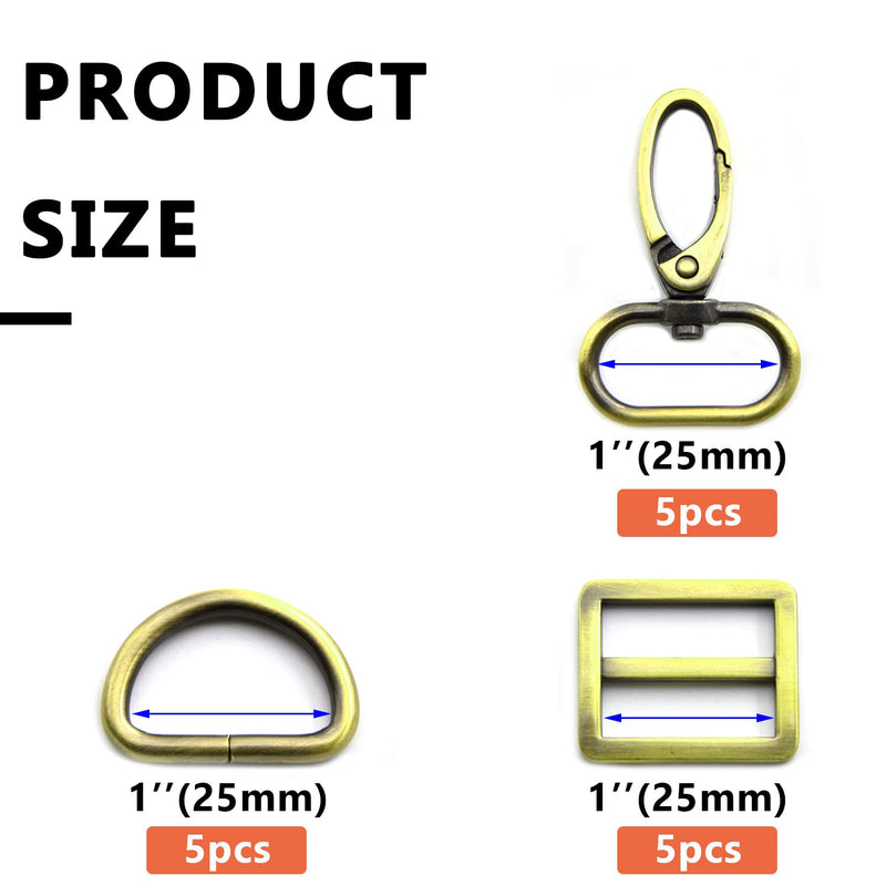 MELORDY 15Pcs Metal Swivel Snaps Hooks with D Rings and Tri-Glides Slide Buckles for Key Lanyard Purse Bag Straps Dog Collars DIY Sewing Hardware Craft (1 inch,Brass) 1 inch Brass - NewNest Australia