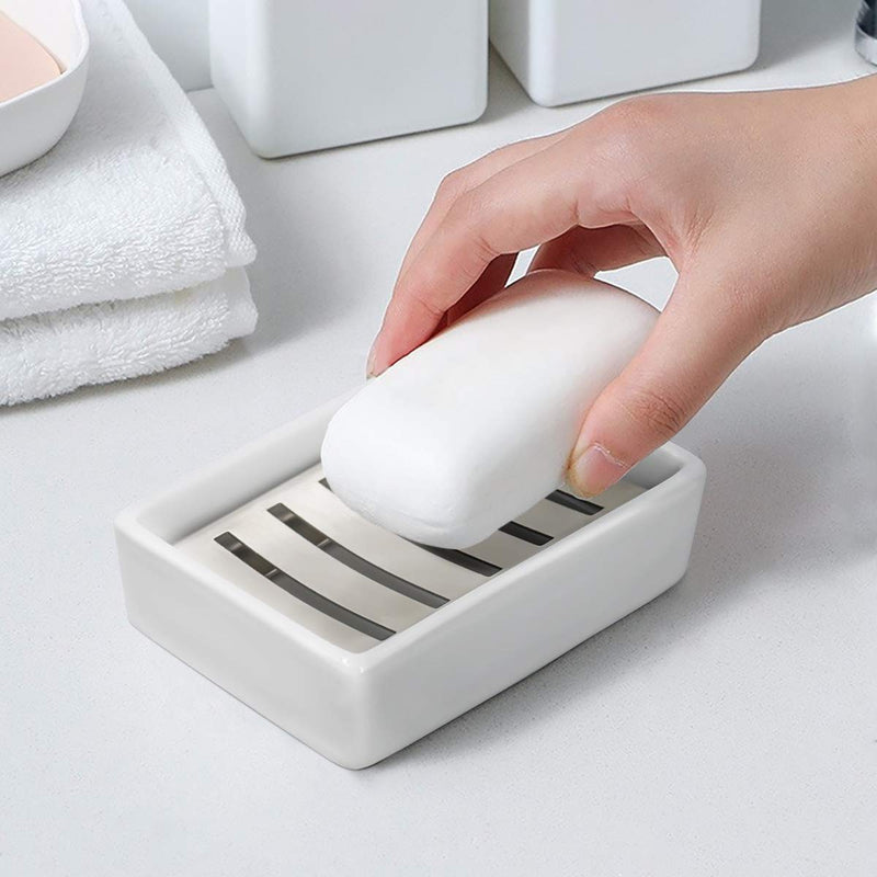 TOPSKY Ceramic Soap Dish Holder Stainless Steel for Bathroom, Double Layer, Self-draining Soap Tray, Say No to Mushy Soap, Easy Cleaning. (White) White - NewNest Australia