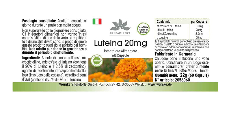 Lutein 20mg - microencapsulated - 60 capsules - vegan | HERBADIREKT by Warnke vital substances - NewNest Australia