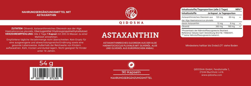 QIDOSHA® Astaxanthin 12mg from EU raw materials, 12mg astaxanthin per capsule plus olive oil, 90 capsules in a glass, vegan astaxanthin, high-dose liquid astaxanthin from Portuguese algae farming - NewNest Australia