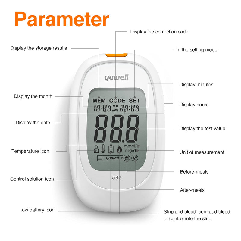 yuwell Blood Sugar Monitor, Diabetes Testing Kit with Test Strips x 50 and Lancets x 50, Blood Glucose Meter Ideal for Home Use, Batteries Include (Model 582) 582(with 50pcs test strip) - NewNest Australia