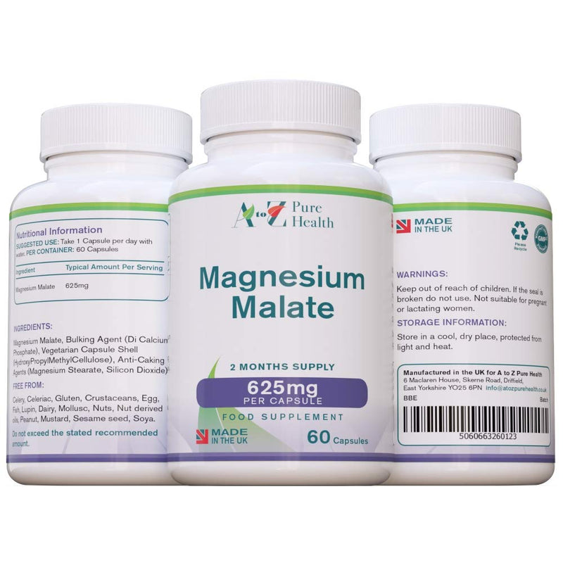 Magnesium Malate Capsules | High Absorption, Premium Magnesium Malate 625mg Supplement | 60 Easy to Swallow Capsules (2 Months Supply) | Supports Energy Levels, Heart Health, Muscle Function | UK Made - NewNest Australia