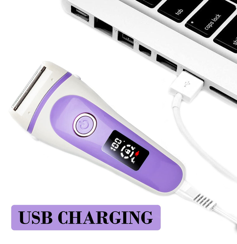 Lady Shaver for Women, Bikini Trimmer Electric Razor Women Rechargeable Body Hair Removal for Face, Lip, Arms, Legs, Underarms Wet Dry Use with LED Display (Purple) Purple - NewNest Australia