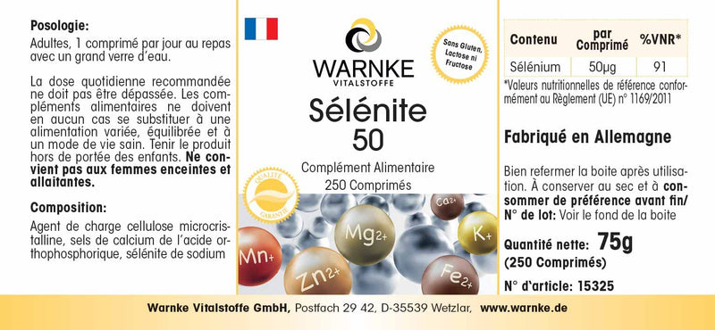 Selenium tablets - 50µg selenium per tablet - vegan - made from sodium selenite - yeast-free - 250 tablets - large pack | Warnke vital substances - NewNest Australia