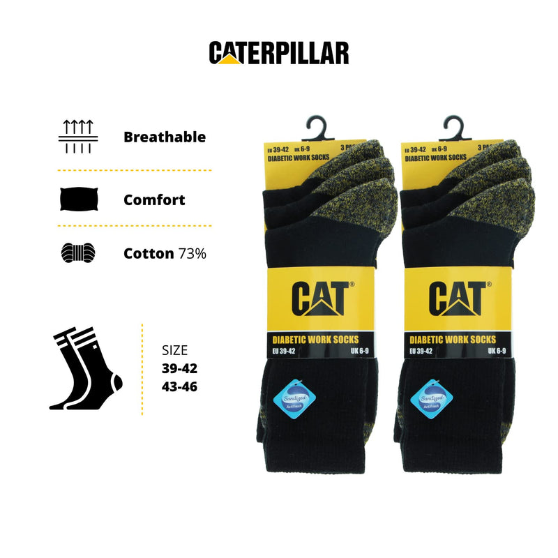 Caterpillar Diabetic Work Socks 6 Pairs Of Work Socks, Better Blood Circulation, Moisture-Wicking, Non-Tight, Reinforced Heel Tip, Cotton, Hand-Linked 43-46 Black - NewNest Australia
