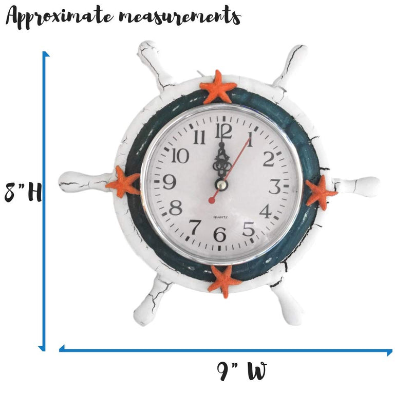 NewNest Australia - BANBERRY DESIGNS Nautical Clocks - Sailboat Steering Wheel Helm Decoration - Blue and White Clock with Starfish - Sits with Easel - 9 Inch 