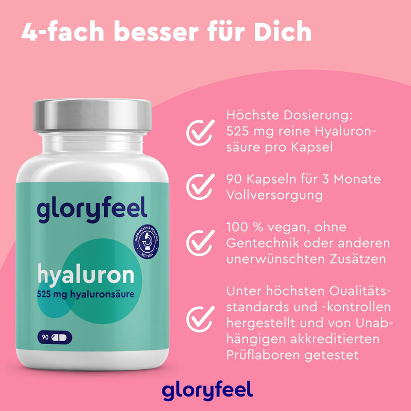 Hyaluronic acid capsules - High dose with 525mg - 500-700 kDa - 90 vegan capsules - Laboratory tested, vegan and made in Germany without additives - NewNest Australia