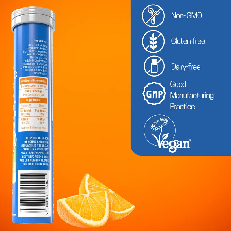 Vitamin C Effervescent Tablets 1000mg with Zinc 15mg, 20 Orange Flavour, Suitable for Vegans, High Strength, Healthy Immune System, Reduction in Tiredness, Collagen Formation, Sugar Free - NewNest Australia