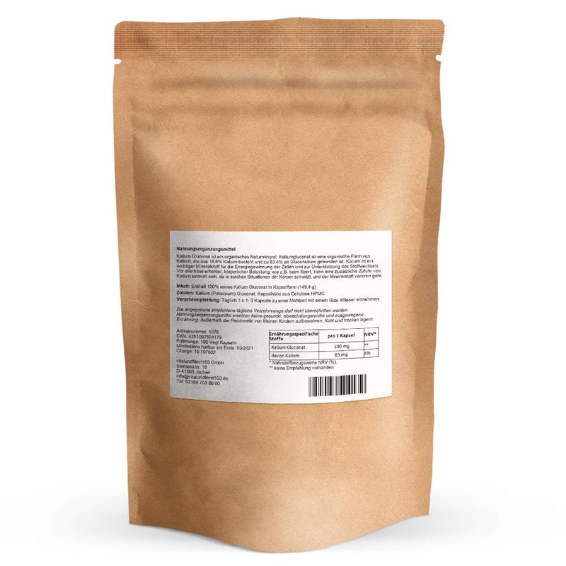 Potassium Gluconate capsules - 180 pieces of 500 mg each - essential mineral - acid-resistant - without magnesium stearate - 100% vegan, gluten and lactose free - WITHOUT chemicals and additives - NewNest Australia