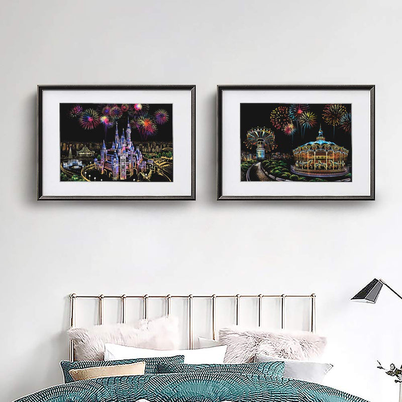 Scratch Painting Kits for Adults & Kids, Craft Art Set, Rainbow Scratch Art Painting Paper, Sketch DIY Night View Scratchboard, 16'' x 11.2'' Creative Gift with 3 Tools kit (Castle / Amusement Park) Castle / Amusement Park - NewNest Australia